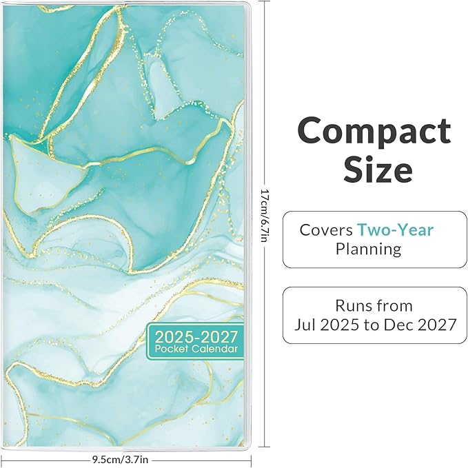 Phyxin Pocket Calendar 2025-2027, Two Year Pocket Planner - Runs From Jul 2025 Until Dec 2027, Small Size Planner - 6.7" x 3.7", Small Calendar for Easy Organizing, Marble