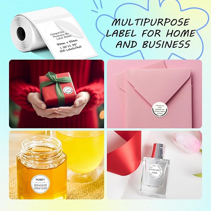 Round Circle Thermal Label Compatible with Phomemo M100/M110/M150/M221/M220/M120/M200/M250 Label Printer,1.96" x 1.96"（50x50 mm, 200 Labels/Roll, Black on White,4 Rolls