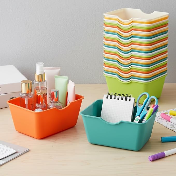 WUWEOT 30 Pack Mini Storage Baskets Bins, Plastic Small Classroom Organizer Tray Bulk, Colorful Rectangular Pencil Container for Drawer Desk Bathroom Home Office School