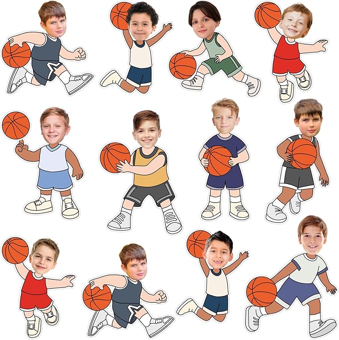 Whaline 50 Pcs Basketball DIY Cutouts Sports Ball Cut-Outs Basketball Player Paper Cutting with 100 Pcs Glue Points for Crafts Birthday Party Classroom Bulletin Board Photo