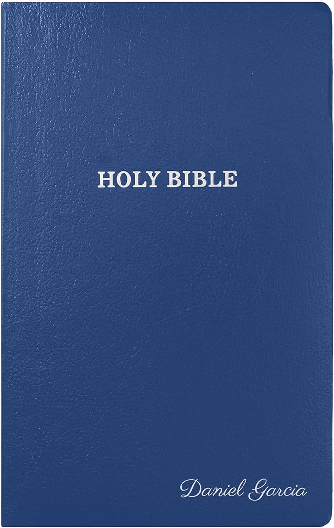 Personalized KJV Bible Faux Leather Bible Small Print Economy Bible with Custom Name at The Lower Right Side & Red-Highlighted Verses, Custom Gift for Christian Celebrations (Blue)
