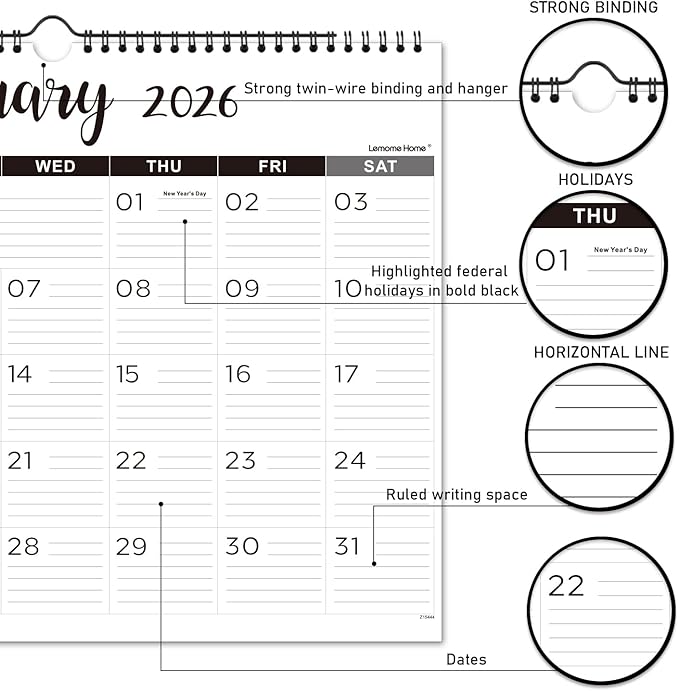 2026 Wall Calendar - 2026 Calendar with Thick Paper, 15" x 11.5", Jan.2026 - Dec.2026, Twin-Wire Binding + Hanging Hook + Ruled Blocks with Julian Date - Classic Black