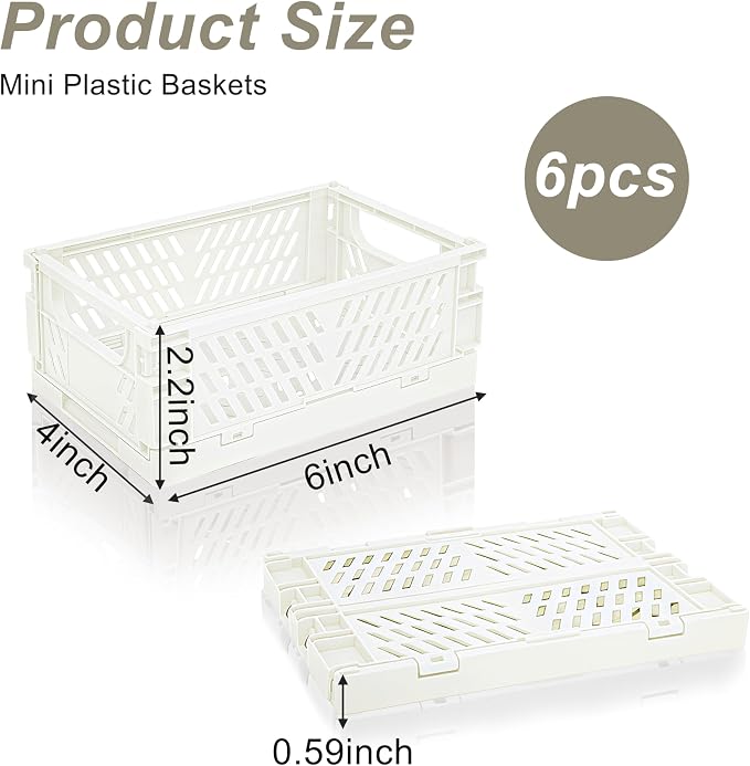 6 Pack Mini Foldable Small Plastic Baskets for Organizing and Storage，Collapsible Storage Crates,Mini Bins for Home Kitchen Bedroom Bathroom Office (White, Small 6x4x2.2)
