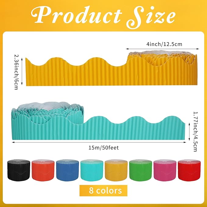 8 Pcs 400ft Bulletin Board Borders Bulk Poster Cork Bulletin Board Trim Classroom Scalloped Borders Decor for 100 Day of School Students Teacher Supplies, 8 Colors