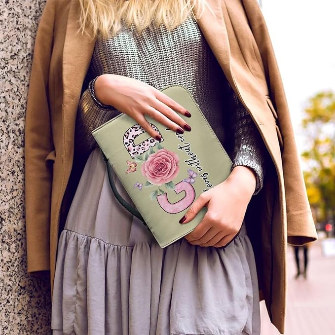 Bible Cover with Handles,God Flower Print Bible Cover for Women Bible Case with Zippered Pocket Catholic Church Gift for Women Fits Bibles Measuring-Size M