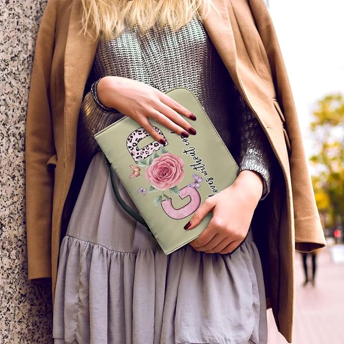 Bible Cover with Handles,God Flower Print Bible Cover for Women Bible Case with Zippered Pocket Catholic Church Gift for Women Fits Bibles Measuring-Size XL