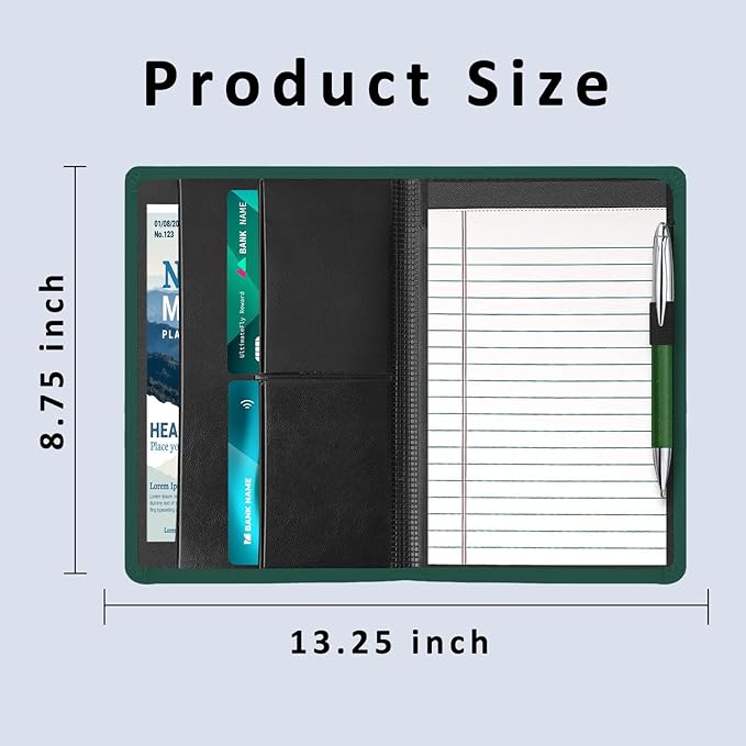 A5 Padfolio Business Portfolio Folder,Junior Size Document Folder Organizer, Padfolio with Interior Pocket and Pen Loop, 5 x 8 Writing Pad Included, Dark Green