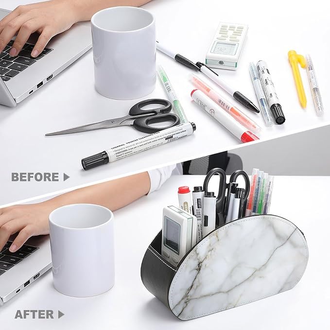 White Marble Texture with Gray Veining Remote Control Holder with 5 Compartments Leather TV Remote Caddy Remote Storage Box Desktop Organizer for Pen/TV Remotes/Media Controllers/Office Supplies