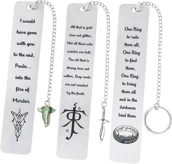 3Pcs Fantasy LOTR Metal Bookmarks Set, Elvish Leaf Pendant with Sword Charm, Evenstar Engraving, Epic Quotes Carved, Dark Academia Book Accessories, Gifts for Readers (The Three Rings)