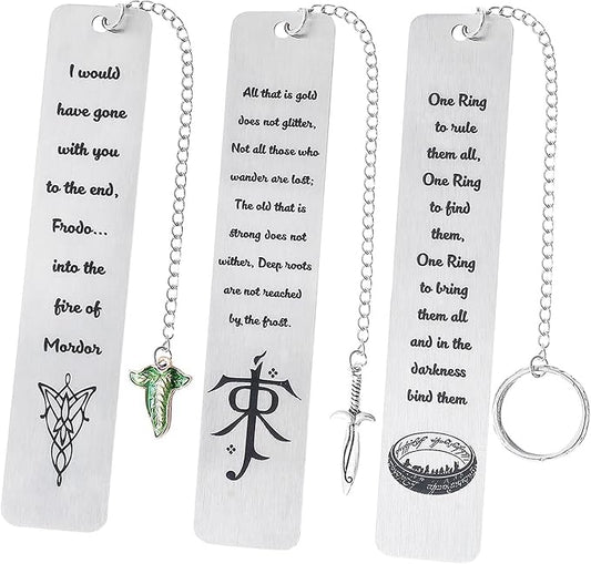 3Pcs Fantasy LOTR Metal Bookmarks Set, Elvish Leaf Pendant with Sword Charm, Evenstar Engraving, Epic Quotes Carved, Dark Academia Book Accessories, Gifts for Readers (The Three Rings)