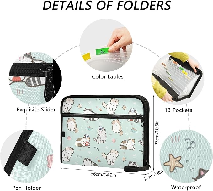 Cute Cats Green Expanding Accordion File Folder with 13 Pockets and Zipper Closure