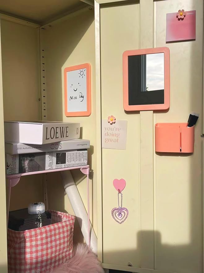 12 Pcs Pink Locker Accessories Kit Locker Organizer for Girls, Magnetic Whiteboard Magnet Mirror Rug Pen Holder Basket Hook String Light, Back to School Locker Kit for School Locker Decor Office