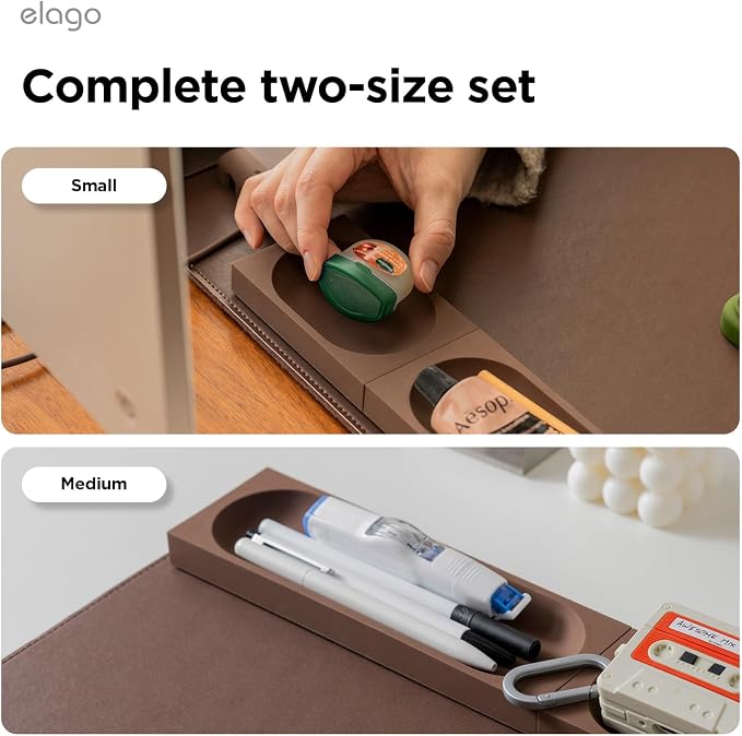 elago Smart Magnetic Desk Mat Pencil Tray – Soft Silicone Organizer for Office Supplies, AirPods, Glasses, Pens – Noise-Free, Washable, Item for Desk Management [Medium-Small Set] (Brown)