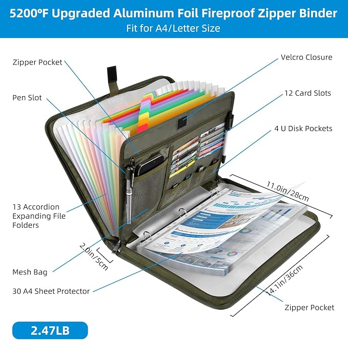 5200℉ Fireproof Document Organizer with 13 Accordion Expanding File Folder, Aluminum Foil Zipper Binder with 30 A4/Letter Sheet Protector, Binder for School Office Home Storage (Green)
