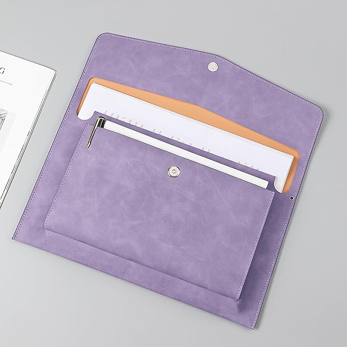 PU Leather A4 File Folder Document Holder with 2 Compartments Envelope Folder Case with Snap Closure for Receipt Contract (Purple)