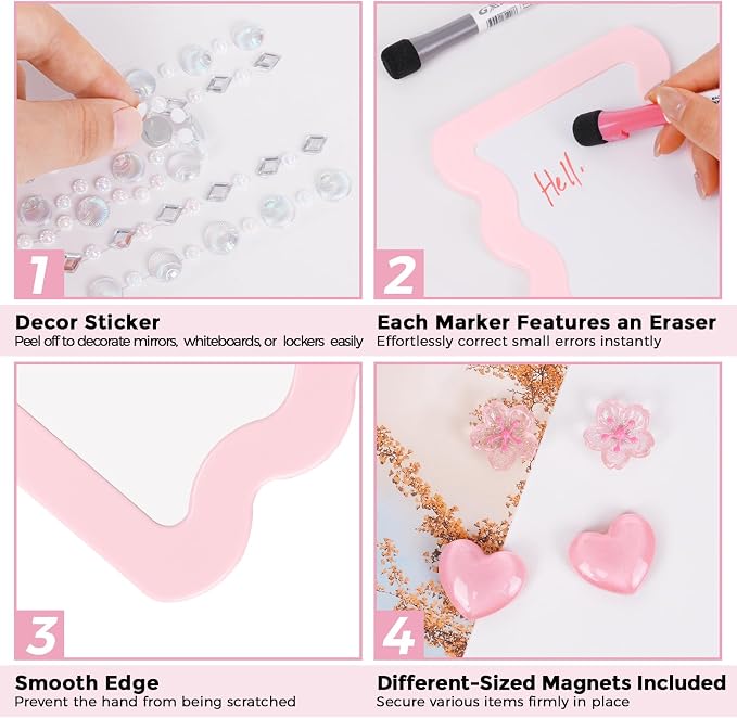 SKYDUE Locker Accessories Kit for Girls - Includes Magnetic Mirror, Whiteboard, Pen Holder, Magnets and Stickers, Pink Locker Decor & Organizer Set, Back to School Supplies, Basic Set 10 Piece