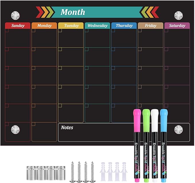 Glass Dry Erase Whiteboard, Color Monthly Calendar Whiteboard, 18" x 24",Frameless Glass White Board for Home, School, Office, Black Surface(BoLi-Color-4560)