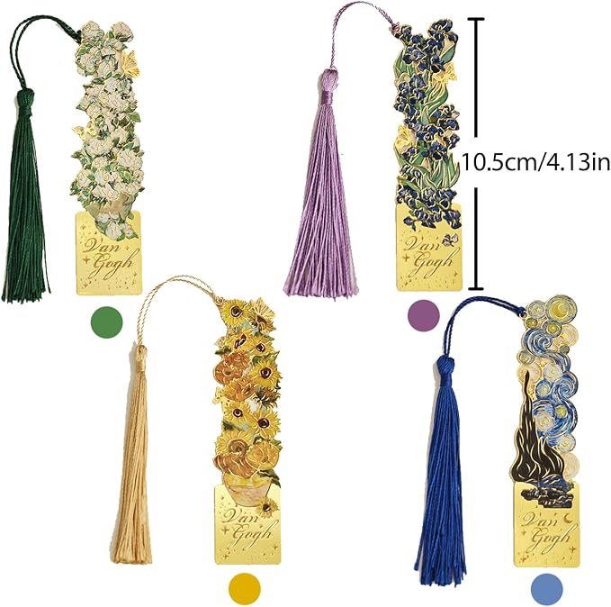 4 Pieces Bookmarks with Tassel, Golden Hollow Metal Bookmark Monet Oil Painting Theme Book Mark for Women Book Lovers Writers Readers Children Teenage Girls, (Flowers Style)