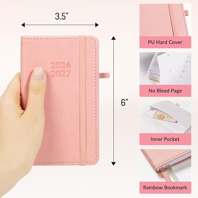 Forvencer Pocket Planner 2026-2027, Weekly Monthly Planners for Purse, 3.5" x 6", July 2026 - June 2027, Cute Small Daily Academic Calendar, Elastic Band, Hardcover Agenda for Women, Teacher