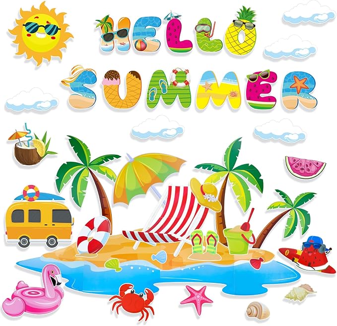 Konsait Summer Bulletin Board Decorations,Summer Cutouts for Bulletin Board, Big Island Beach Summer Theme Bulletin Board for Home Office Classroom Blackboard Wall Decor