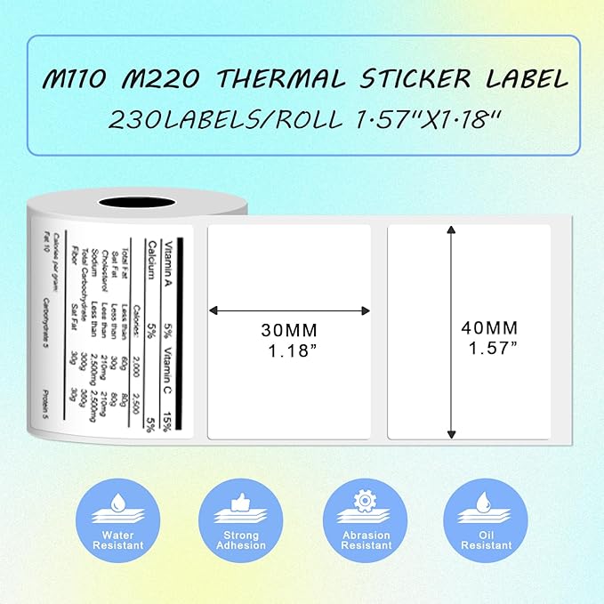 Thermal Labels Compatible with Phomemo M100/M110/M150/M221/M220/M120/M200/M250 Label Printer 1.57"x1.18"(40x30mm),230 Labels/Roll, for Barcode/Address/Mailing/Logo/Business/Home Tag, Black on White