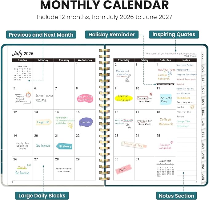 Planner 2026-2027, Monthly and Weekly Academic Planner July 2026 - June 2027, Hardcover Student Teacher Planning Agenda Calendar Book with Tabs, Perfect for Office School Supplies, A5 (6.3" x 8.5") - Teal Blooms