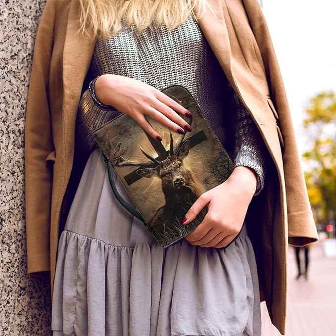 Leather Large Bible Cover with Bookmark，Carrying Book Case Church Bag Medium Bible Protective Brown Bible Case,Christian Gifts,Cross and Deer,Small