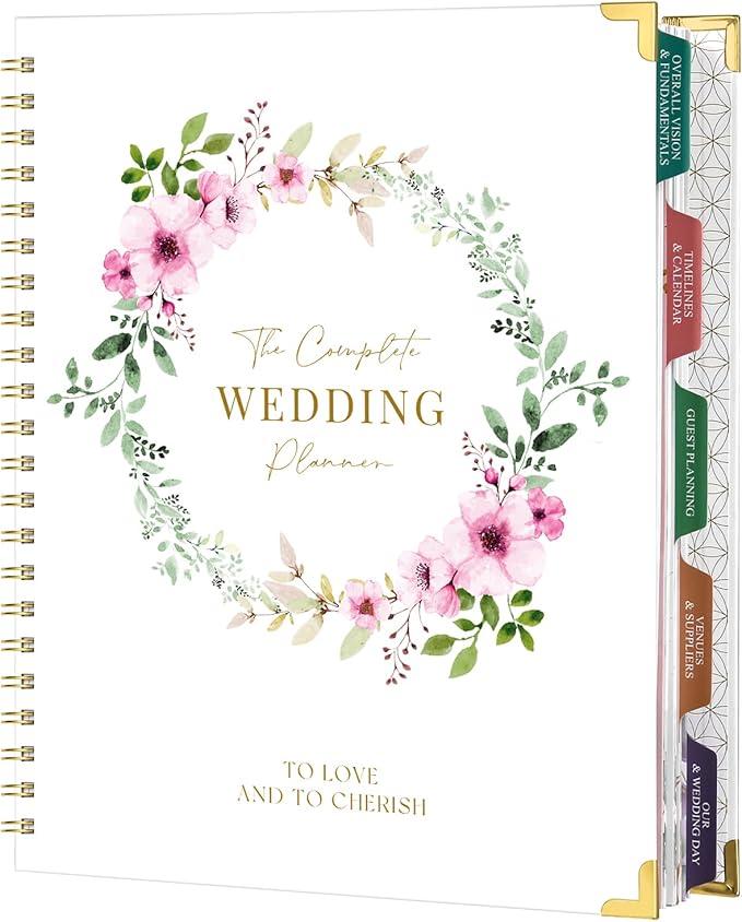 Wedding Planner for Bride - Wedding Planning Book and Organizer, 8.5" x 11" with Tabbed Sections, Metal Corner, 5 Inner Pockets, Sticker, Wedding Countdown Calendar