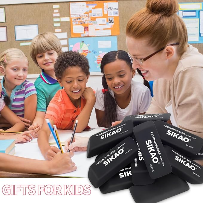 Black Erasers, 12 Pack Pencil Erasers for Kids – Latex-Free & Smudge-Free Beveled Rubber Erasers for School Supplies, Classroom, Office & Homework