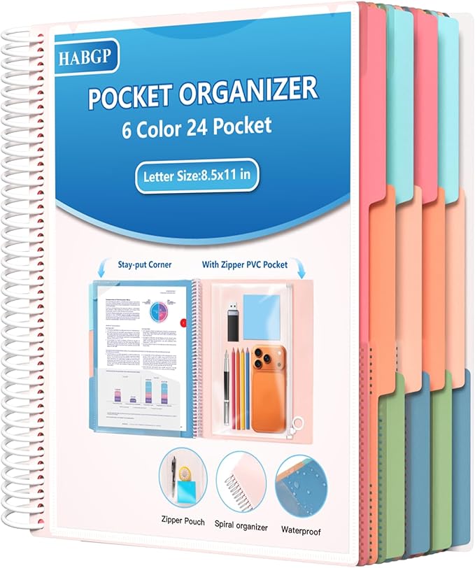 HABGP 24 Pocket Plastic folders with Pockets, 6 Colors Multi Pocket 12 Folder Binder Dividers, Multi-Subject Project Organizer for Office, School Supplies, Letter Size