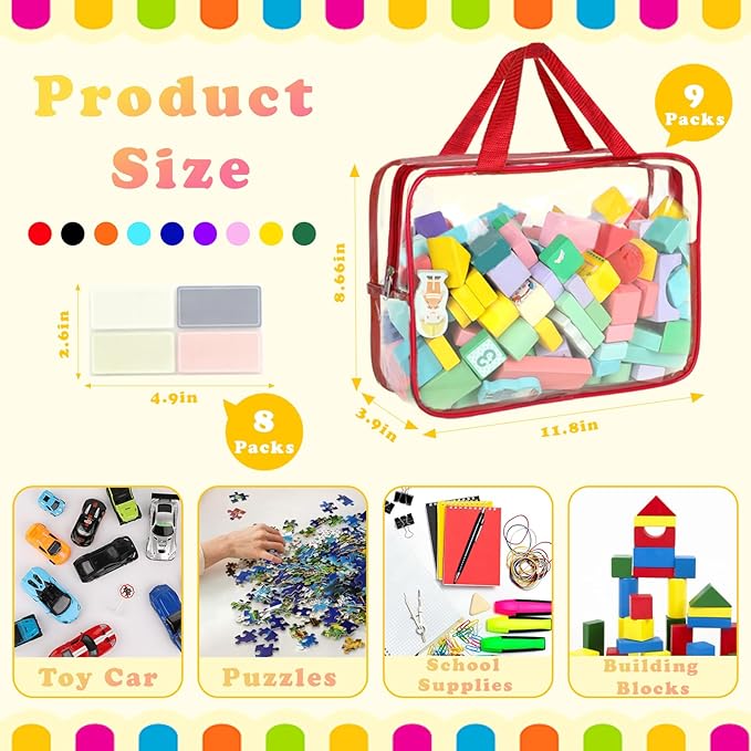 9 Packs Toy Storage Bags with Labels, 11.8x8.7x3.9In Large PVC Reusable Clear Board Game Storage with Zipper, Travel Waterproof Organizer Bags for Building Blocks, Puzzle, Books, Stationery