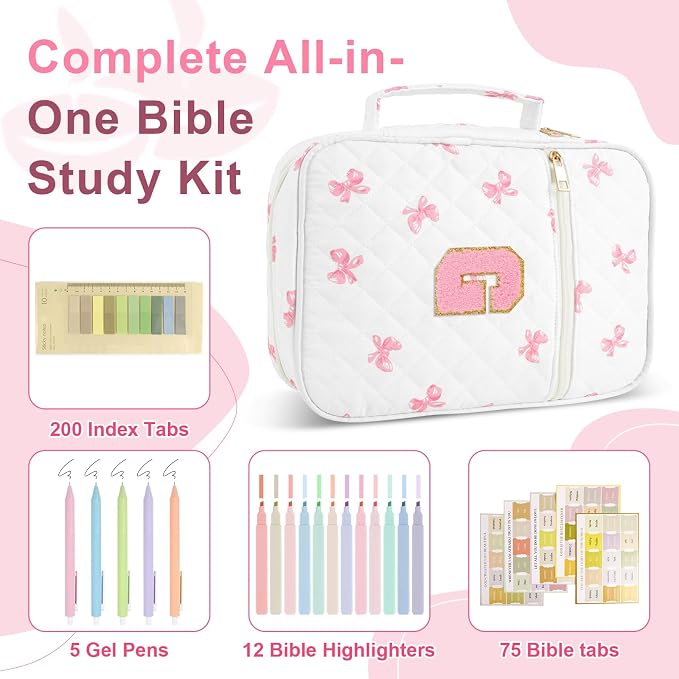 Personalized Initial Bible Cover Case for Women Girls Kid - Large Quilted Bible Case with Handle,Chenille Letter Bag Study Supplies,Christmas Gifts for Christians Birthday Graduation(Pink Bow-G)