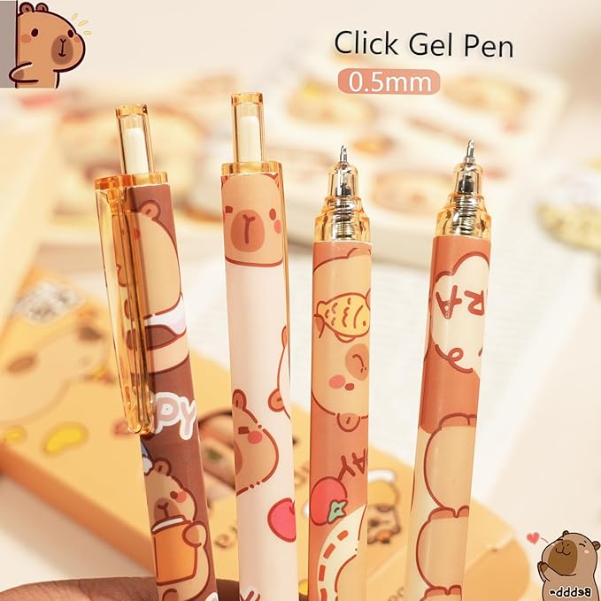 12 Pcs Cartoon Retractable Gel Ink Pens, 0.5mm Fine Tip Black Ink Cute Capybara Pen Set, Ideal for Office, School, Women & Men (Black Ink - Capybara)