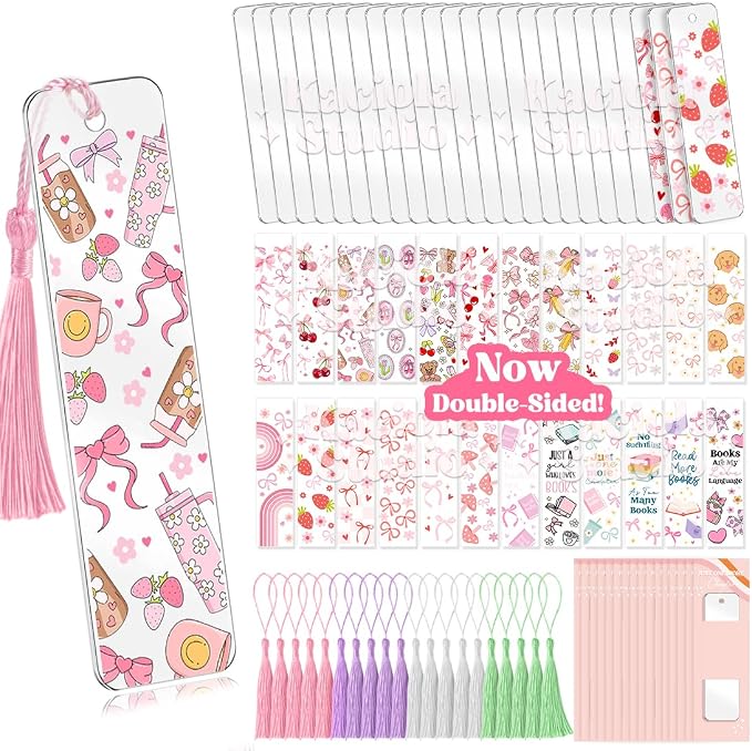 Kaciola 24PCS Acrylic Bookmark Blanks with 24PCS Pink Bow Theme UV DTF Stickers and 4 Colors Tassels,Blank Bookmarks UV DTF Transfers Stickers for DIY Crafts Hanging Tag Gift Bookmarks DIY