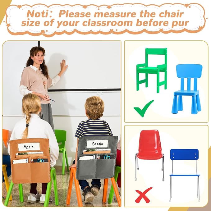 gisgfim 12 Pcs Chair Pockets for Classroom 16.7 x 19.3 Inch s with Name Tag Chairback 3 Pockets Chairs Seat Back Organizer for Elementary School Daycare Home Supply (Earth Color)