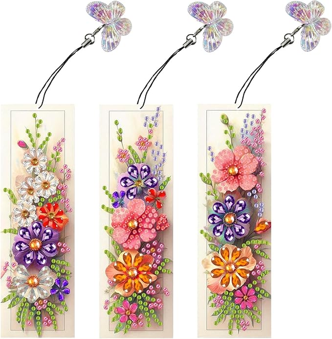 ARTopet 3Pcs DIY Diamond Art Painting Bookmarks with Colorful Butterfly Pendant PET Bookmark Ornament Double Sided Pattern Single Sided Diamond Book Marker Clip Gifts Tags-Flowers07