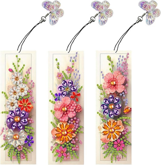 ARTopet 3Pcs DIY Diamond Art Painting Bookmarks with Colorful Butterfly Pendant PET Bookmark Ornament Double Sided Pattern Single Sided Diamond Book Marker Clip Gifts Tags-Flowers07