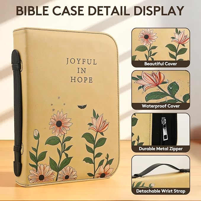 Bible Cover for Woman, Bible Carrying Book Case, Protective Bible Organizer Holder Bag with Handle and Zippered Pocket, Christian Gift for Lady Girls (Sunflower Floral, L)