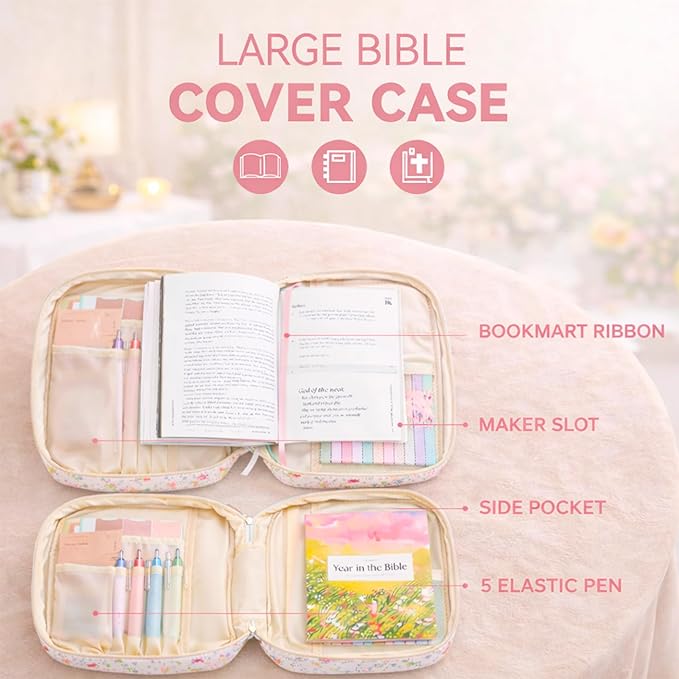 Bible Bag for Women, Bible Cover Case with Study Supplies,Large Quilted Bible Bag with Handle and Zipper, Suitable for Christian Books-Christian Gift for Girls(Small Floral Pattern)