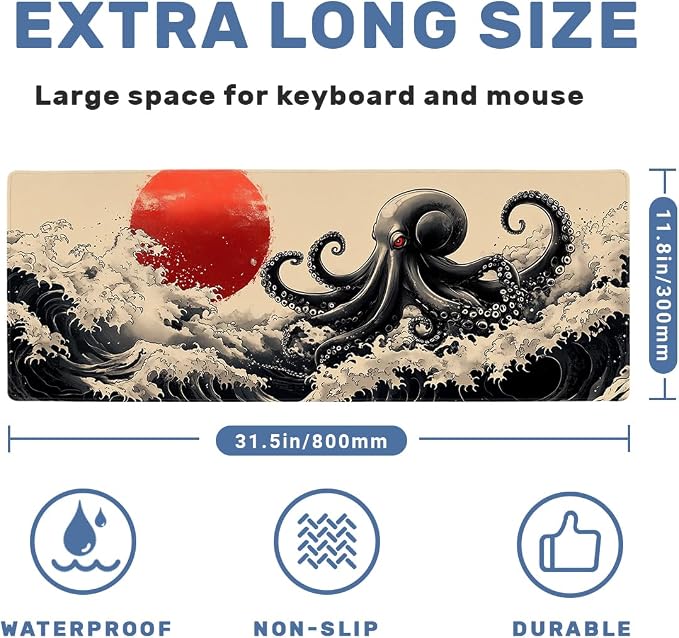 Octopus Gaming Mouse Pad Large Desk Mat Waves Japanese Ink Sea Monster Mousepad Computer Keyboard Pad Mouse Mat Laptop Mat 31.5 x 11.8 Mouse Pads for Desk Home Office Gaming