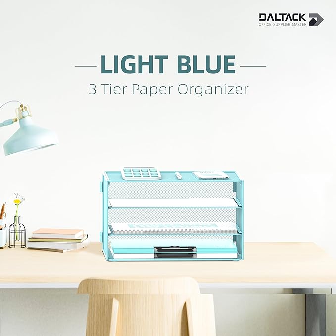 DALTACK 3 Tier Letter Tray Paper Organizer for Desk, Mesh Metal Desk File Organizer with Sliding Trays for Letter/A4 Paper, Mail, Bills & Folders, Blue