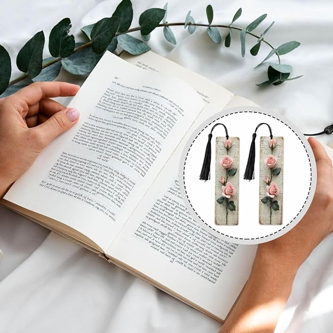 Pink Rose Bookmarks 5 Pcs Vintage Paper Romantic Flower Branches Wooden Bookmark with Tassels for Reading Book Lovers Gift Office School Readers Teacher