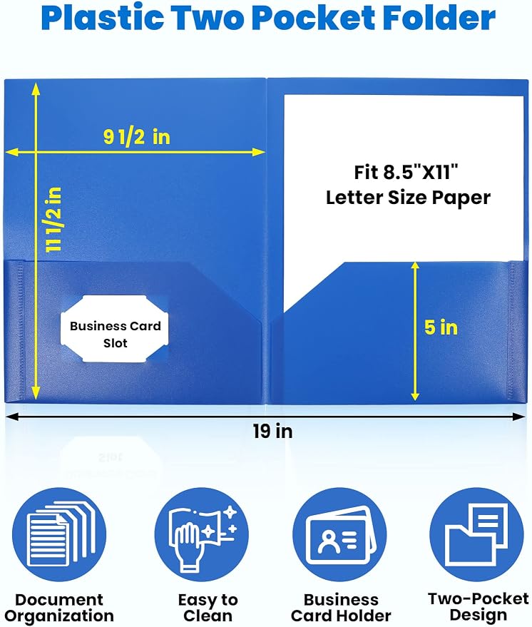SUNEE Folders with Pockets (6 Pack, Assorted Colors), Plastic Folders with Pocket, Poly Folder for Documents Letter Size, 2 Pocket Folder for Kids, Home, School, Office