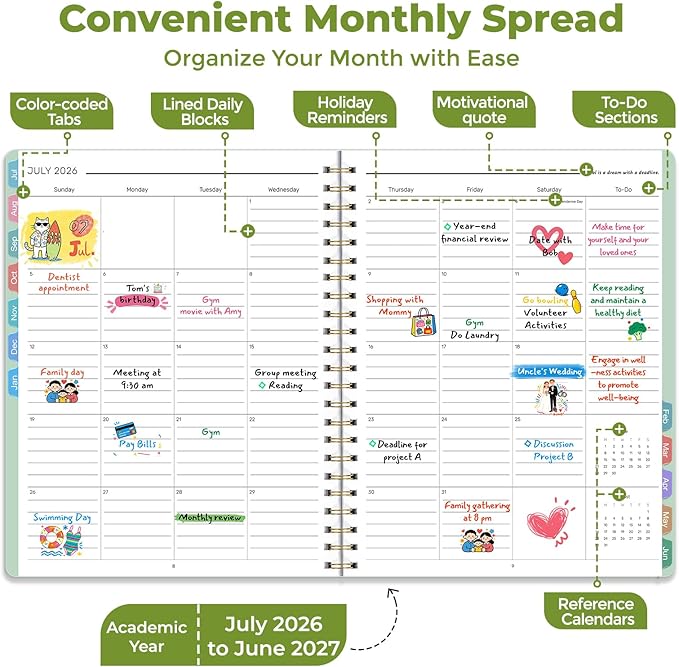 Vinspire 2026 Planner - Yearly, Monthly, and Weekly Planner 2026-2027 for Teachers & Students - Spiral US Academic Year Student Calendar Planners with Notes Pages 2026 Planner Weekly and Monthly - Large (Green, 8.5"×11")