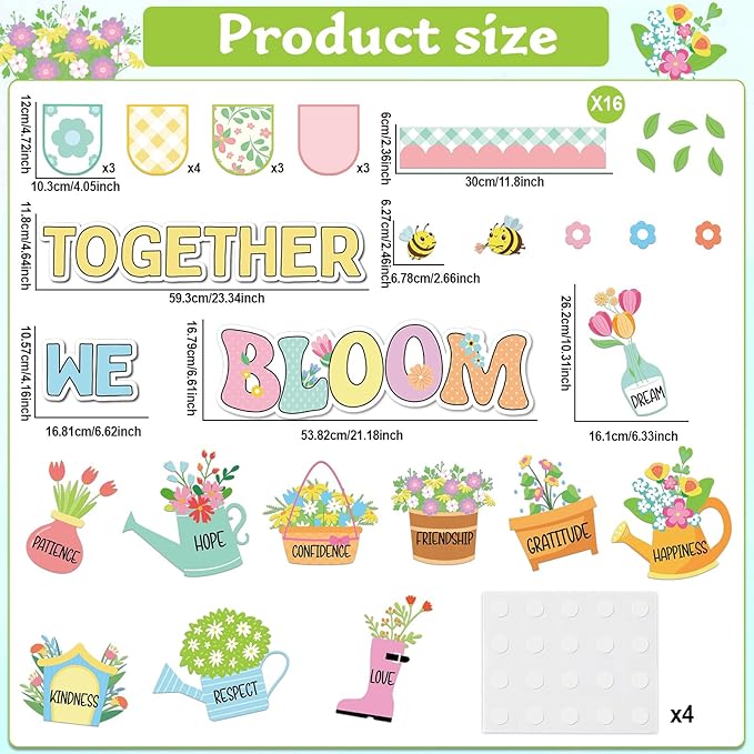 Spring Bulletin Board Decoration Flower Together We Bloom Positive Classroom Decorations Floral Bulletin Board Colorful Wildflower Bee Cutouts for Nursery Chalkboard Window Wall Door Home Office Decor