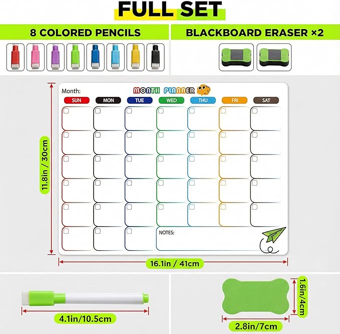 Li&Zhao Magnetic Calendar for Refrigerator - Calendar for Fridge Month Planner Whiteboard Sticker with 2 Erasers & 8 Colorful Markers - Perfect for Kitchen Meal Planning and Schedule Organizing