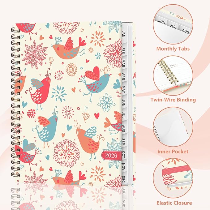 2026 Planner, Weekly and Monthly Calendar Planner, Academic Daily Agenda (Jan 2026 - Dec 2026), Hardcover Planning Notebook for Office Accessories and School Supplies, Chirpy Birds