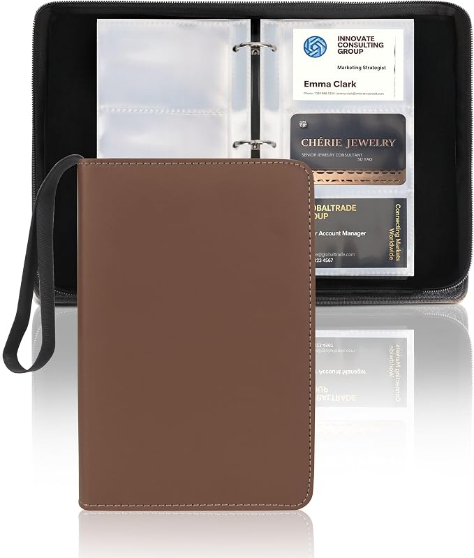 Leather Business Card Book Holder Organizer, Professional Name Card Book Holder with 300 Card Capacity, Portable PU Credit Card Binder File Sleeve Storage for Men Women,50 Pack Sleeves Zipper Closure