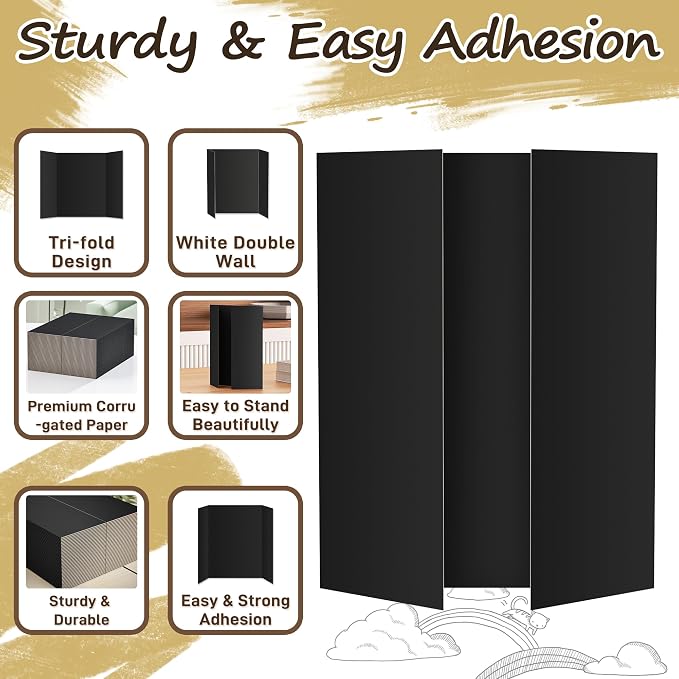 PSHVYM 12 Pcs Black Trifold Poster Board, 21.5 x 14 inches Poster Board with Double Sided Tapes and Cardboard, Corrugated Presentation/Display Board for School Project, Science Fair, Business