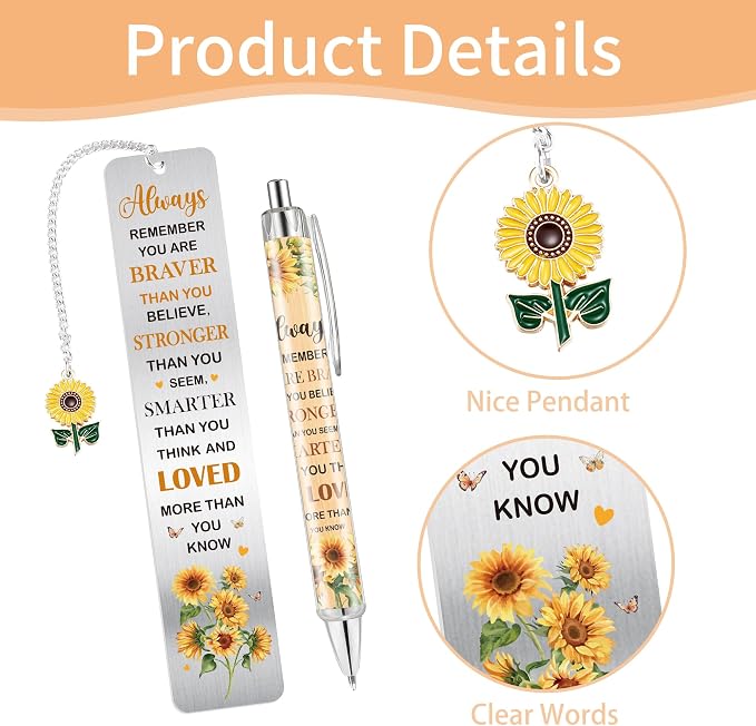 Inspirational Sunflower Bookmarks and Pen Set, Bookish Gifts for Reading Women Teens Girls Book Lovers